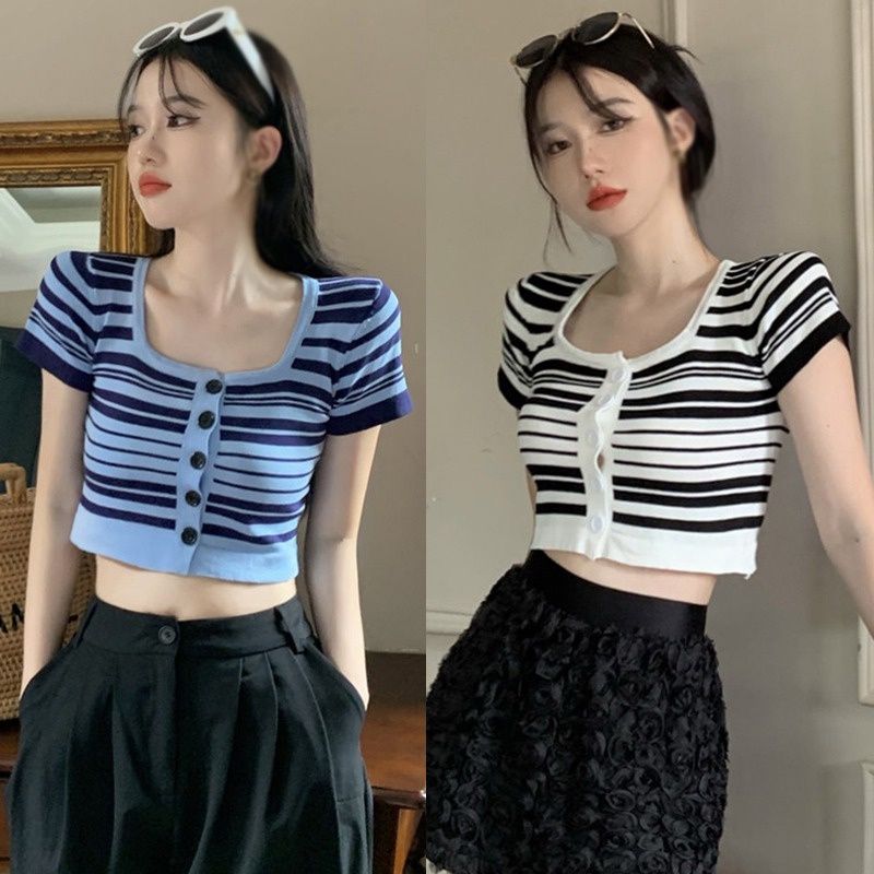 Áo Croptop Dệt Kim Tay Ngắn Cổ Vuông Họa Tiết Kẻ Sọc Phong Cách Hàn Quốc Thời Trang Mùa Hè Quyến Rũ Cho Nữ