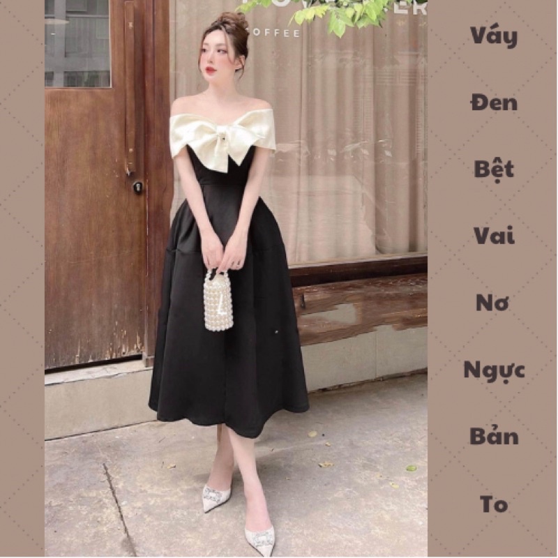Váy Đen Bệt Vai Nơ Ngực Bản To