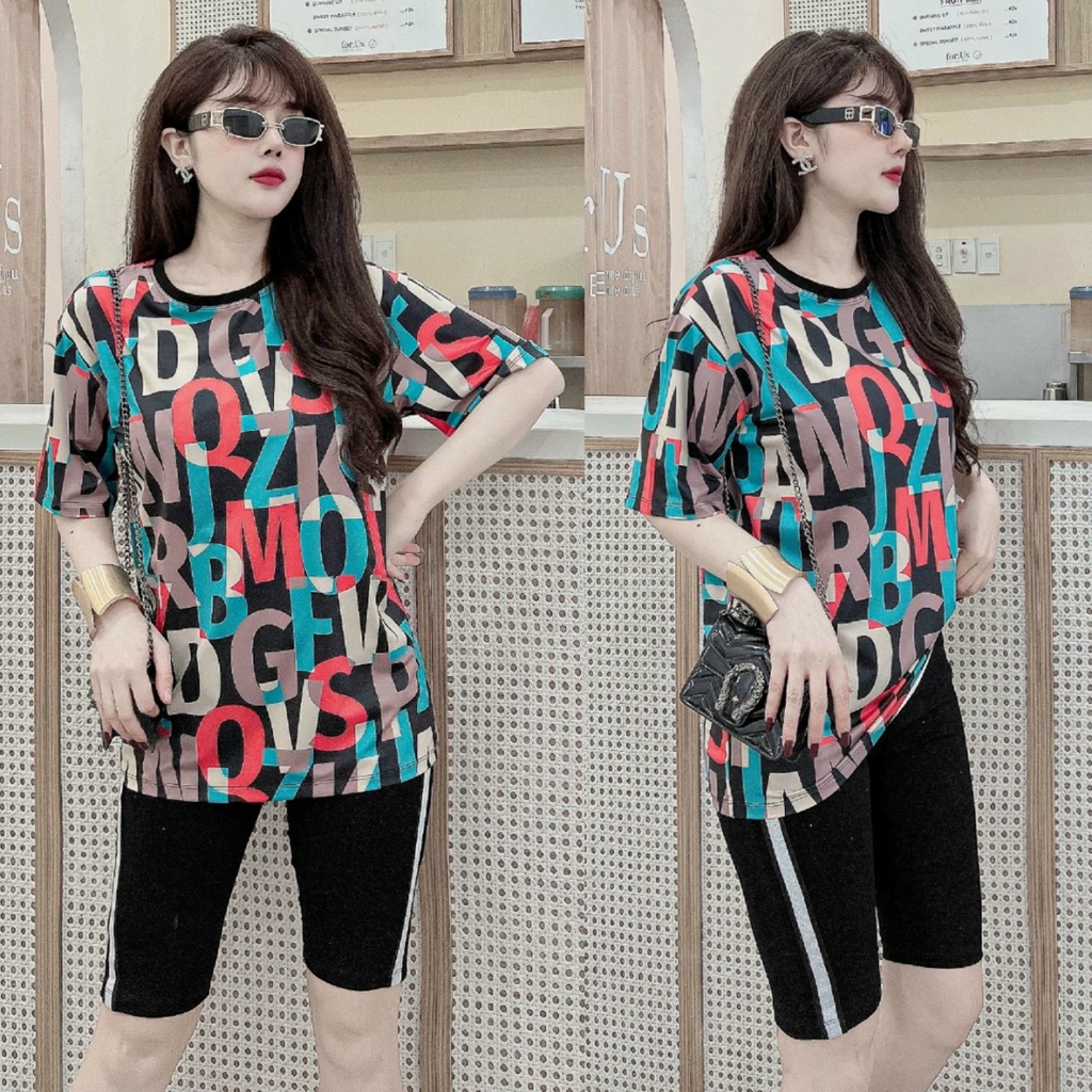 Bộ đồ ngố thun cotton họa tiết kí tự màu (quần viền kim tuyến)