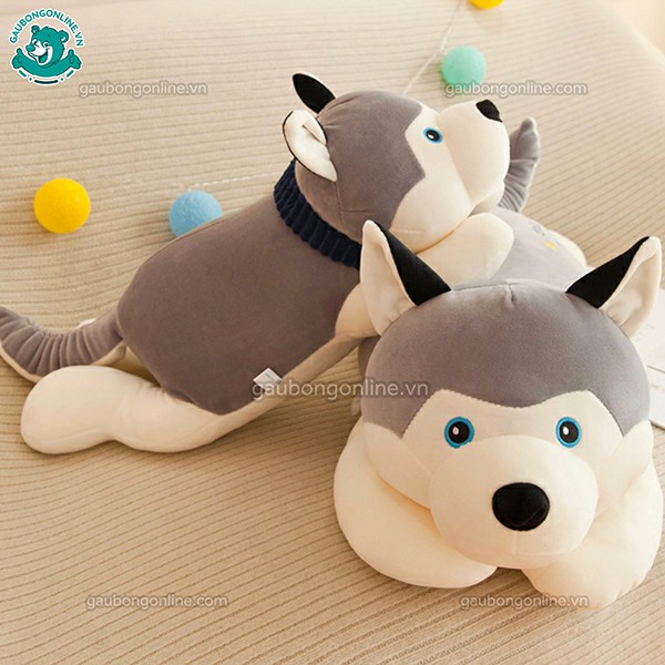 Chó bông husky khăn xanh chất vải mềm mịn an toàn cho bé kích thước 60cm