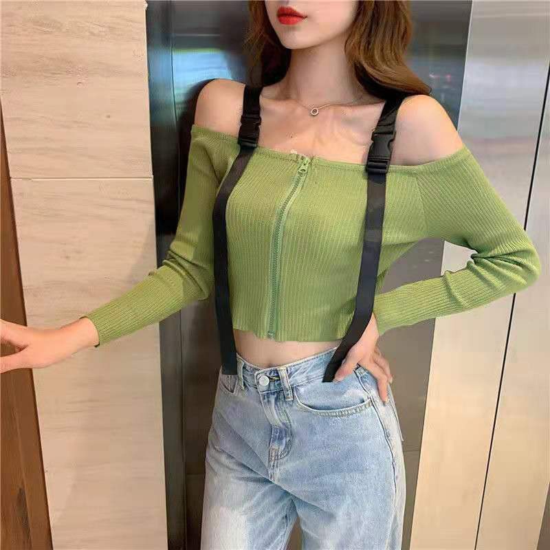 Áo Croptop dệt kim tay dài thiết kế trễ vai quyến rũ