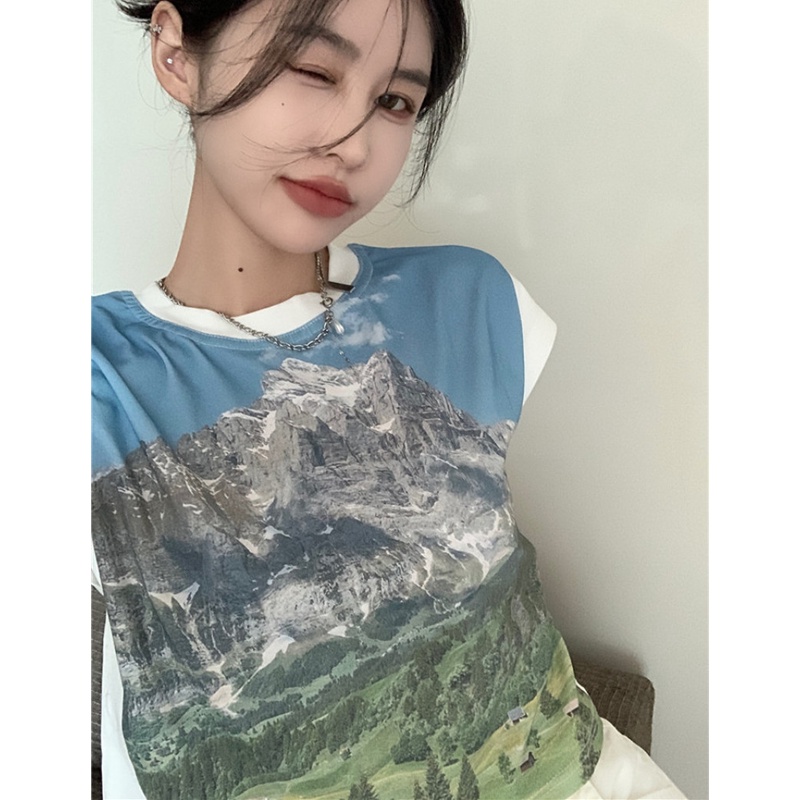 Áo Thun Tay Ngắn Dáng Rộng In Hình Phong Cảnh Thời Trang Cho Nữ