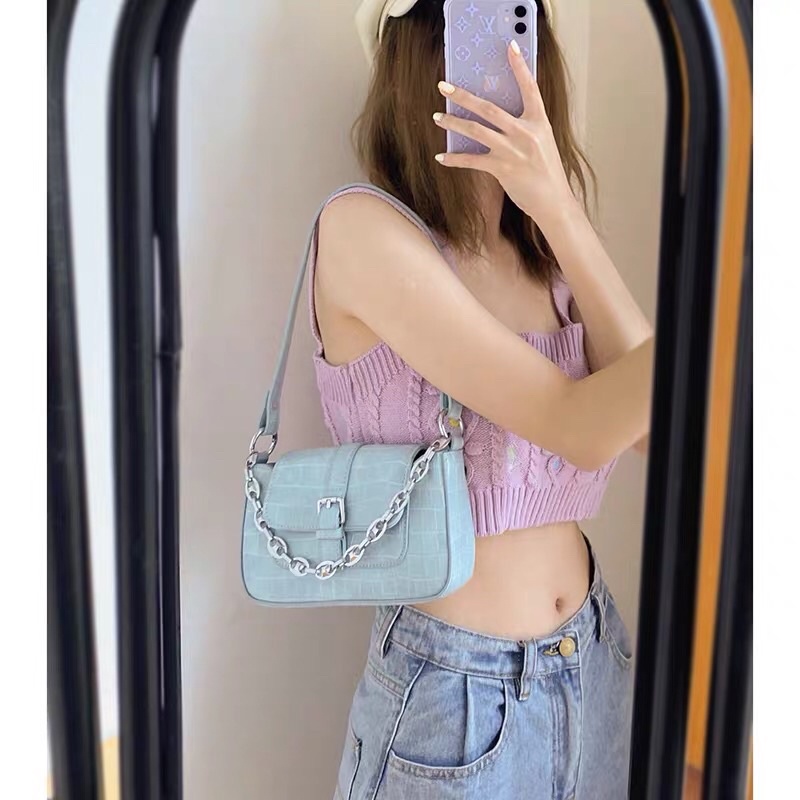 Túi xách kẹp nách phối xích form chất đẹp vân sần cá tính màu xanh dương, trắng, đen, nâu