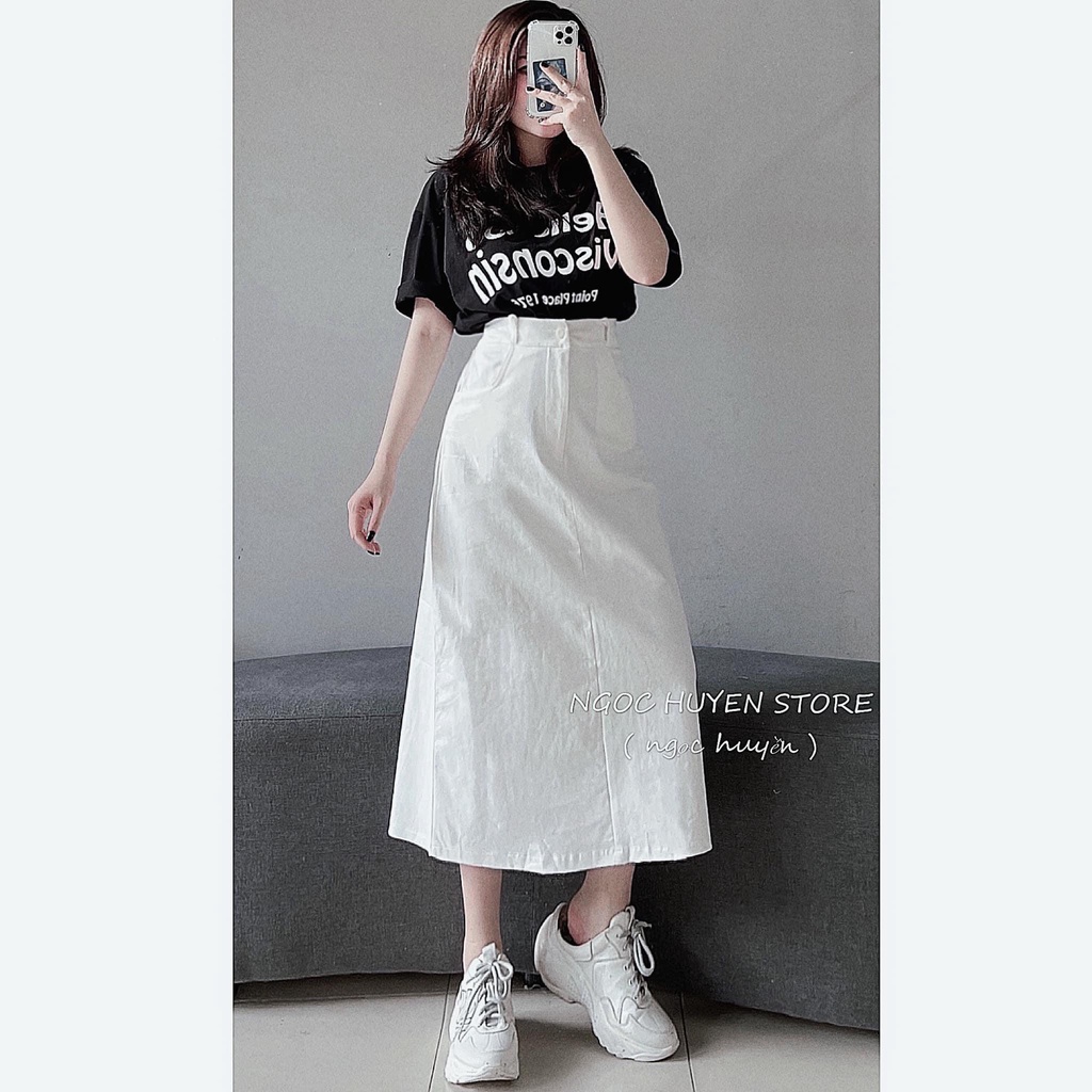 Set áo phông chữ chân váy kaki xẻ tà NN421
