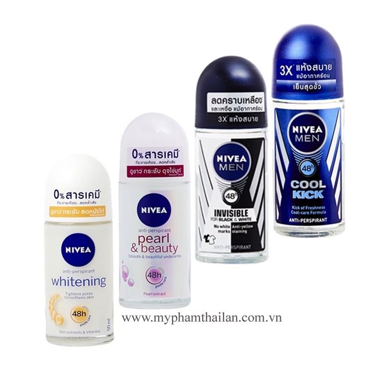 Lăn Khử Mùi Thái Lan Nivea Invisible Black and White / Ngọc Trai Pearl &amp; Beauty  giảm ố vàng áo trắng và đen 50ml