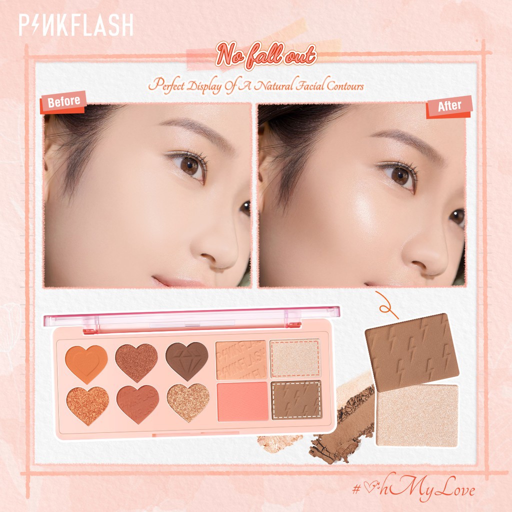 Bảng phấn trang điểm PINKFLASH OhMyLove thiết kế 4 trong 1 có sắc tô cao mềm mại để trang trí mắt/ mặt/ má hồng