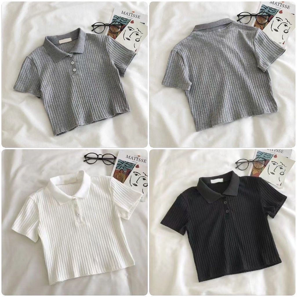 Áo polo Thun Gân Tay Ngắn Phong Cách Hàn Quốc Thời Trang Mới Cho croptop Nữ