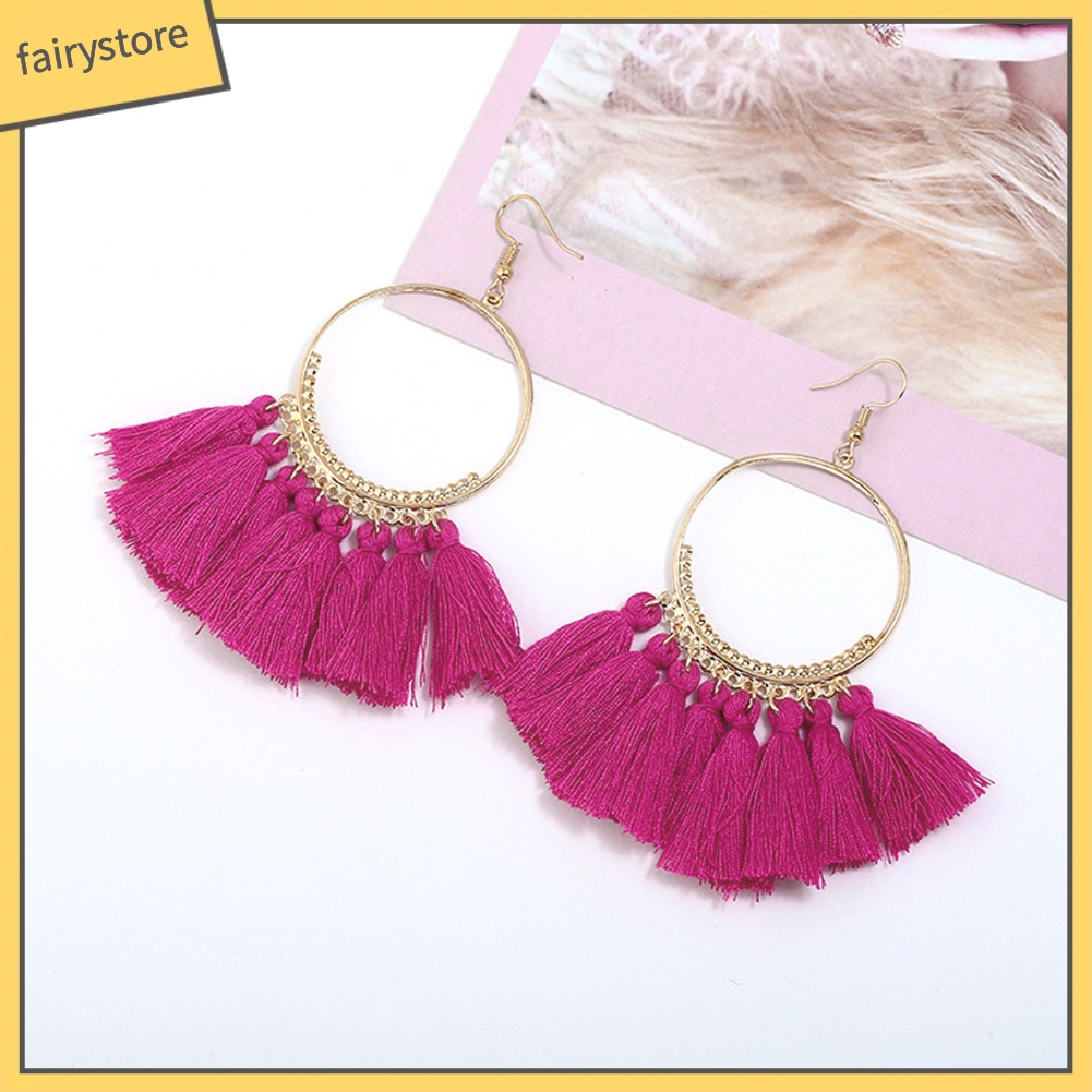 Khuyên Tai Tròn Đính Đá Phối Tua Rua Phong Cách Bohemian