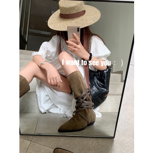 Giày Bốt Denim Mũi Nhọn Gót Thấp Buộc Dây Kiểu Retro Phương Tây Cá Tính Cho Nữ