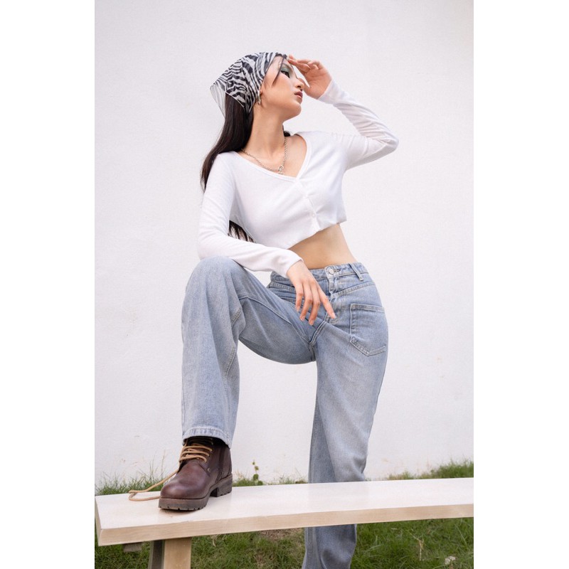 Jeans ống suôn cạp cao túi hông - Quần jean nữ dáng suôn lưng cao J447