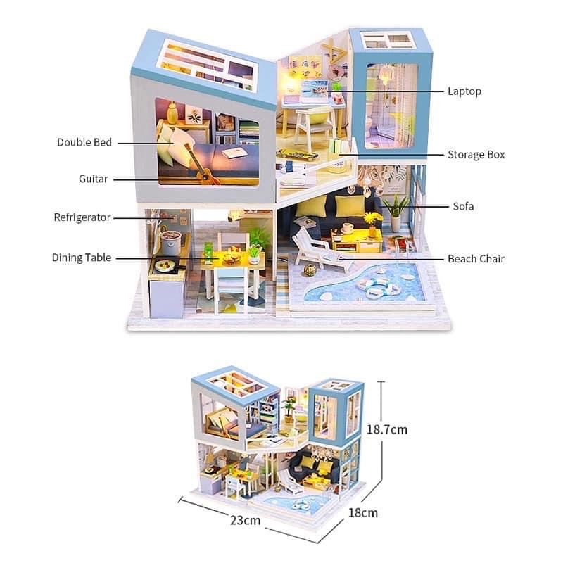 (Tặng mica,đèn,keo sữa)Mô hình nhà búp bê hiện đại bé tự lắp đô chơi diy doll house M910