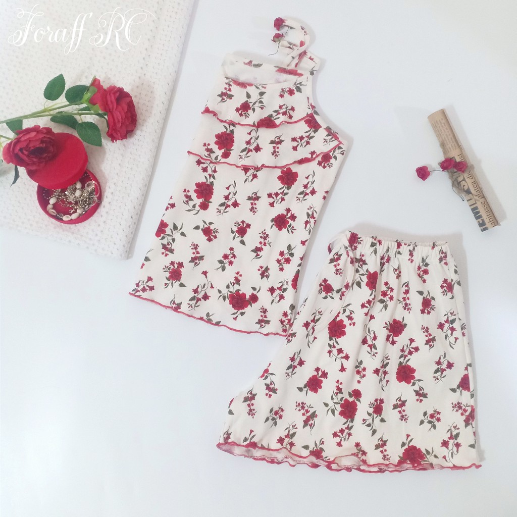 Đồ bộ ngủ hai dây RCB07, ngực nhún bèo 2 tầng, thun borip cotton 2c