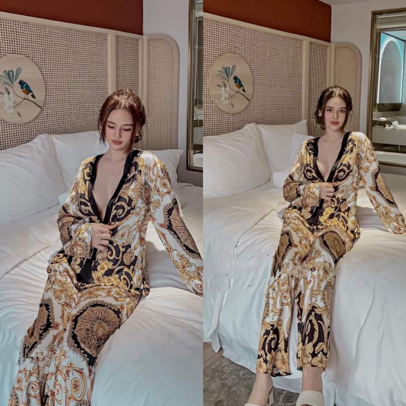 Pijama thiết kế họa tiết Hoàng Gia vải lụa xước ánh kim Tô Châu cao cấp.Ảnh shop chụp thật ở cuối trang nha khách