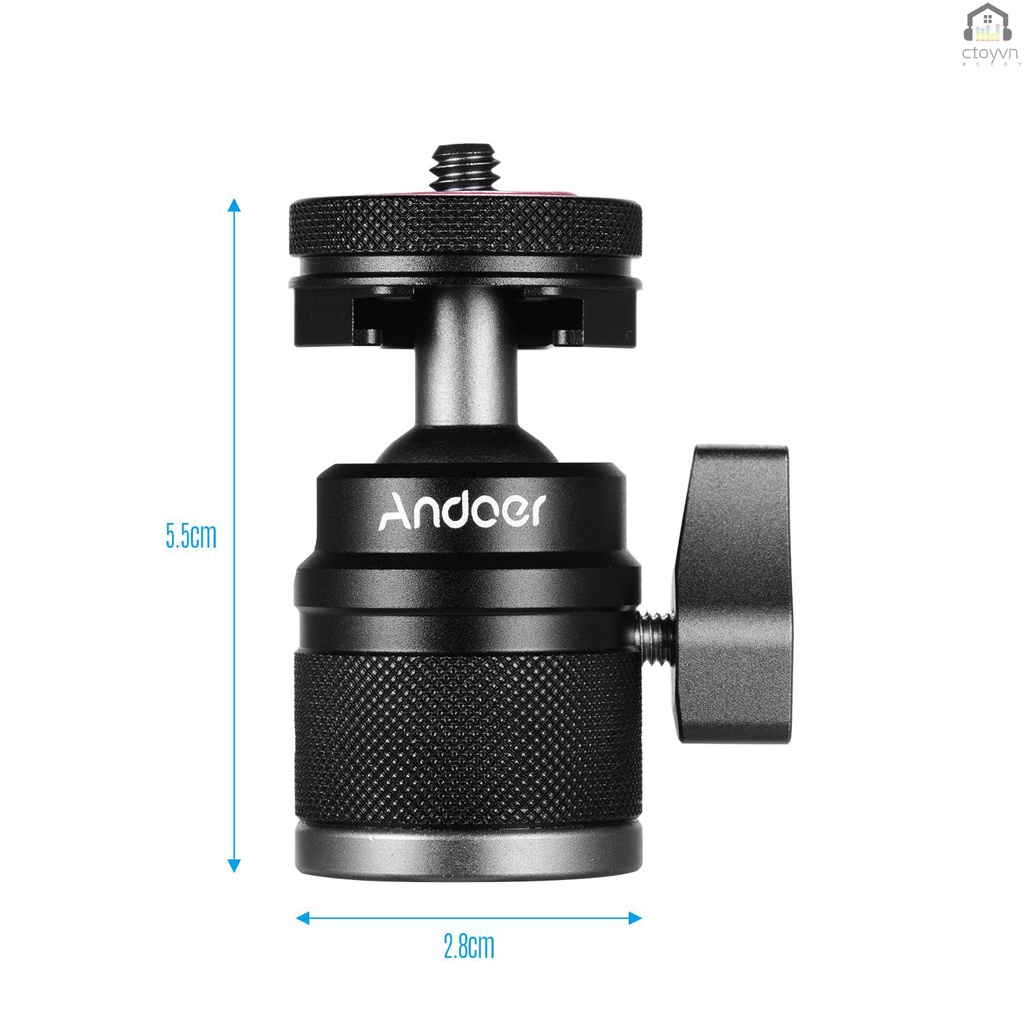 Đầu bi Andoer mini 2 trong 1 với ốc vít 1/4 bằng hợp kim nhôm xoay 360 độ cho giá đỡ điện thoại