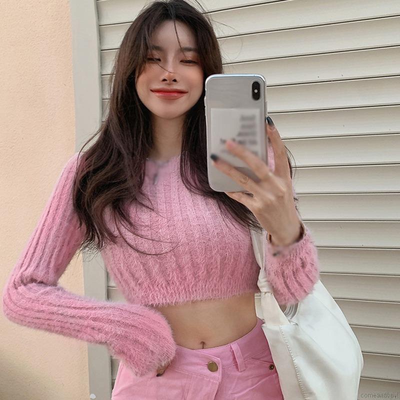 Áo Croptop Nữ Dệt Kim Lông Thú Mềm Mại Giữ Ấm Thiết Kế Tay Dài Cổ Tròn Phong Cách Hàn Quốc