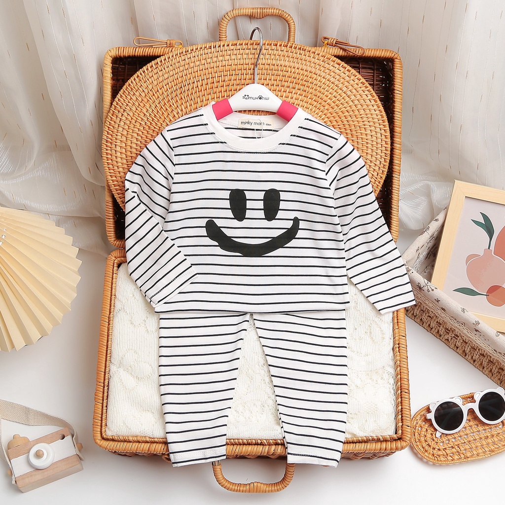 [SALE] Bộ Quần Áo Bé Gái, Bé Trai Minky Mom Vải Cotton Sọc Ngang Mặt Cười, Bộ Dài Tay Cho Bé Mặc Thu Đông MKMTD2173