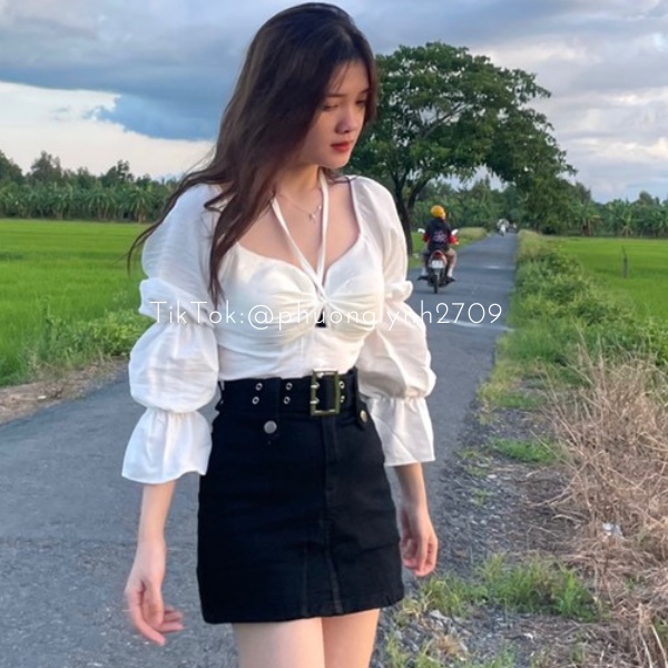 Áo kiểu tay dài dây chéo cổ yếm ,áo kiểu cột nơ trước ,áo bánh bèo babydoll,chất vãi ĐŨI MỀM siêu xinh PLA11