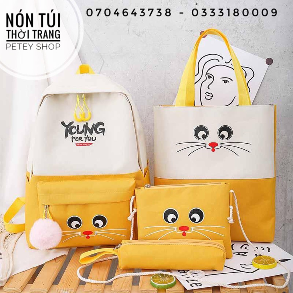 Set 4 món balo size 30x36cm + túi tote đeo chéo chất liệu ka, bóp bút young for you, túi thời trang cực xinh thời trang