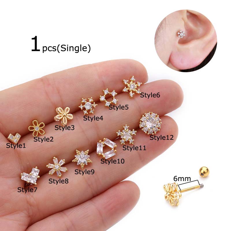 Khuyên Xỏ Tai Đính Đá Bằng Thép Không Gỉ 20G 6Mm Kiểu Dáng Xinh Xắn