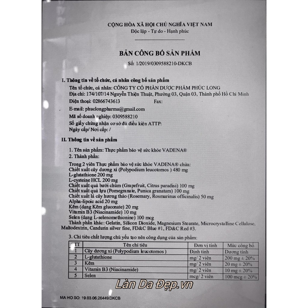 (HÀNG CHÍNH HÃNG Làn Da Đẹp) - VADENA PURE WHITE - Viên uống chống nắng sáng da | BigBuy360 - bigbuy360.vn