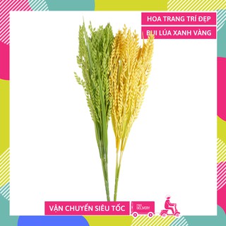 Hoa giả đẹp chùm lúa vàng xanh thân ngắn trang trí nhà cửa - Cao 40cm bụi 5 cành