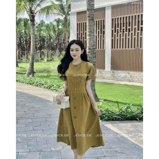 Đầm ly eo cúc dừa cổ tròn 2 màu nâu,xanh cốm