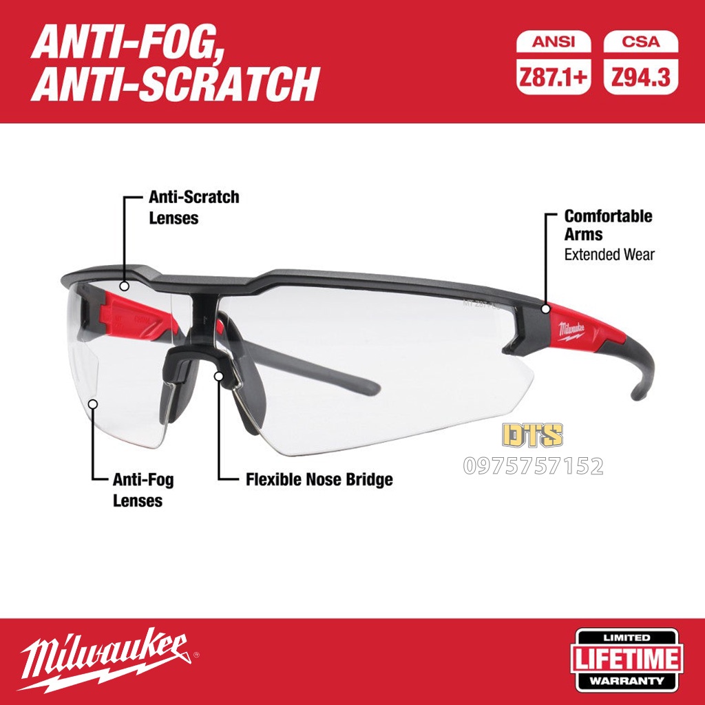 Kính bảo hộ trắng Milwaukee Mỹ kính chống bụi, chống hơi nước trầy xước vượt trội, ngăn chặn tia UV, mắt kính đi xe