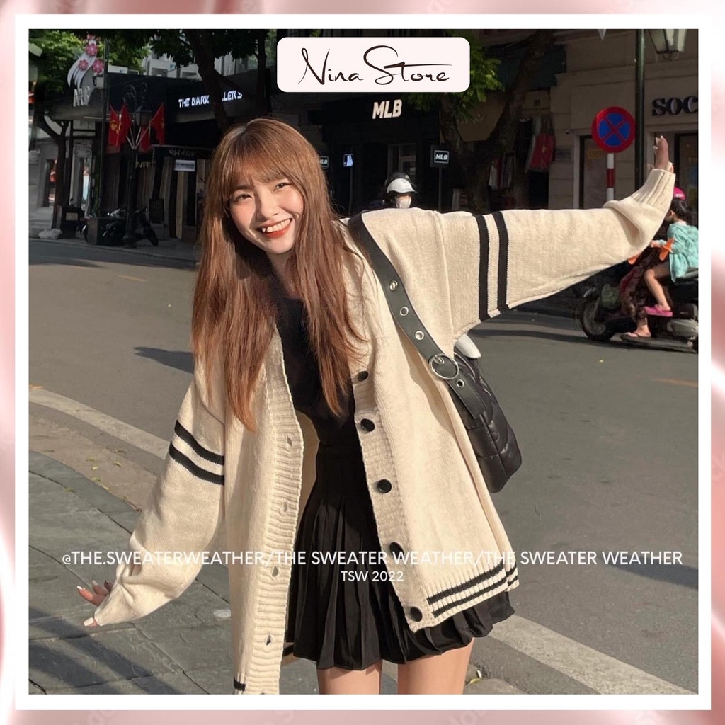 Áo khoác len cardigan nữ áo len nữ khoác ngoài dệt kim cổ V form rộng style học sinh ullzang hàn quốc màu be NinaStore
