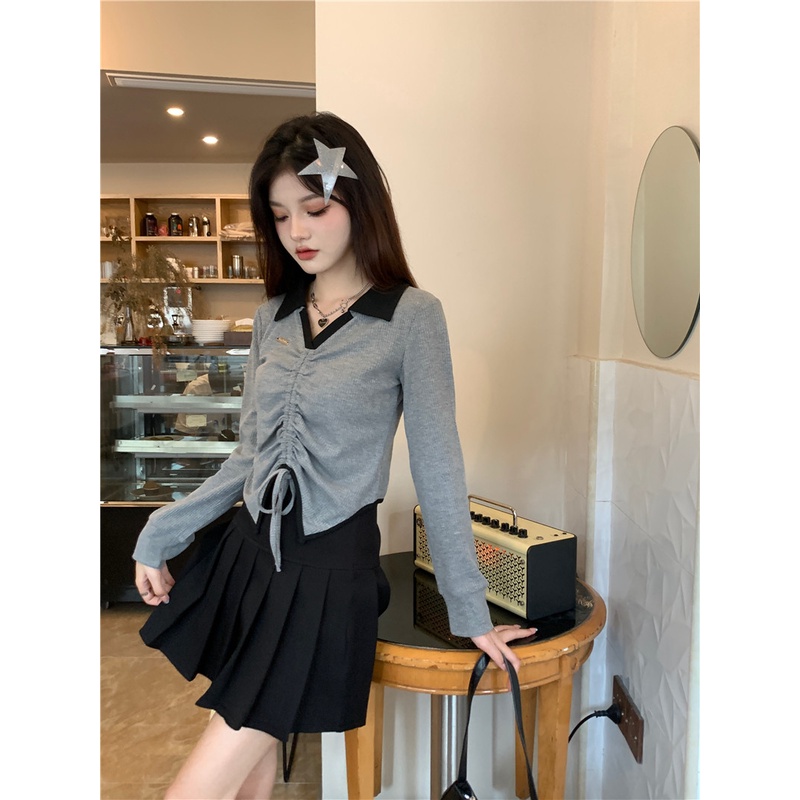 Áo Thun Ngắn Tay Dài Cổ Chữ V Phối Dây Rút Lệch Tà Thời Trang Mùa Thu Mới