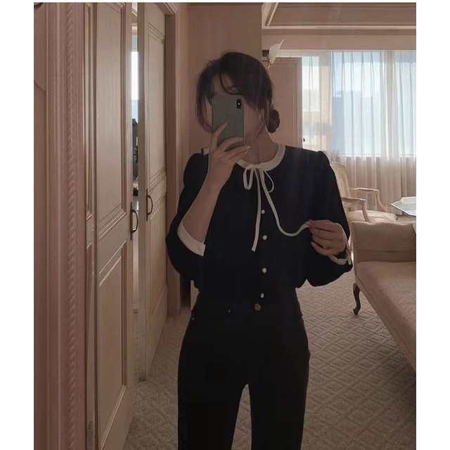 Áo Sơ Mi Tay Dài Buộc Dây Màu Đen Thanh Lịch Dành Cho Nữ 49305