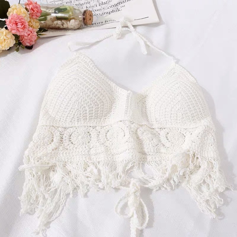 HH15-set biển 3 món - bra hoa tròn tua rua + quần ren hoạ tiết đồng xu + choàng ren hạt gạo tay loe