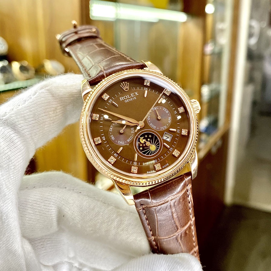 Đồng hồ Nam Rolex máy nhật, mẫu 6 kim đính đá, mặt nâu cafe viền vàng, dây da, dòng cơ Automatic size 40mm-41mm