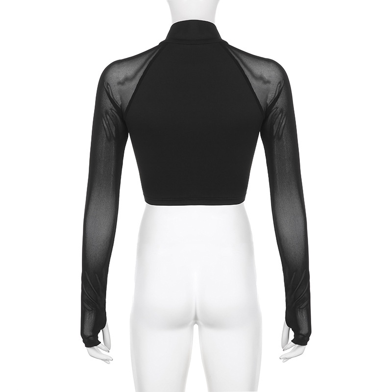 Áo Thun Tay Dài Cổ Cao Phối Lưới Có Khóa Kéo Thời Trang Đường Phố Cá Tính Cho Nữ