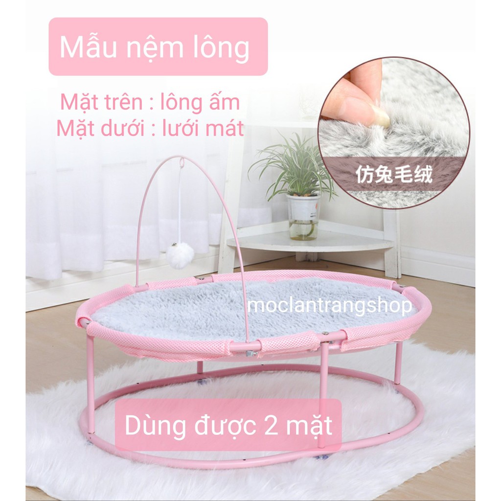 Giường đệm võng cho mèo hình Oval dài 63cm kèm quả bông treo. Ổ mèo ổ chó khung sắt cỡ lớn, chõng nằm ngủ cho mèo tây to