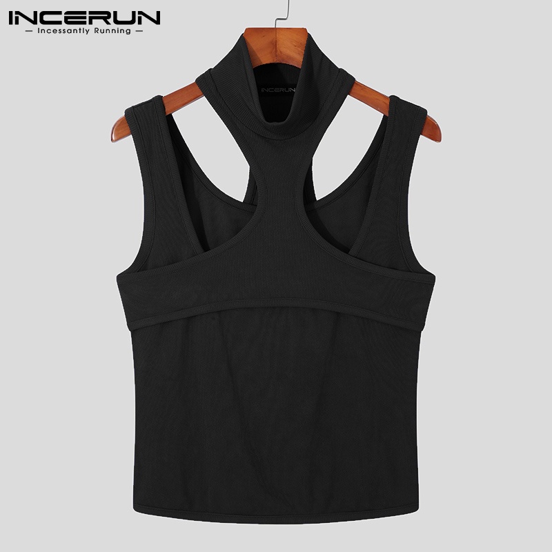 Áo ba lỗ dệt kim INCERUN cổ cao màu trơn thời trang cho nam có 3 màu lựa chọn