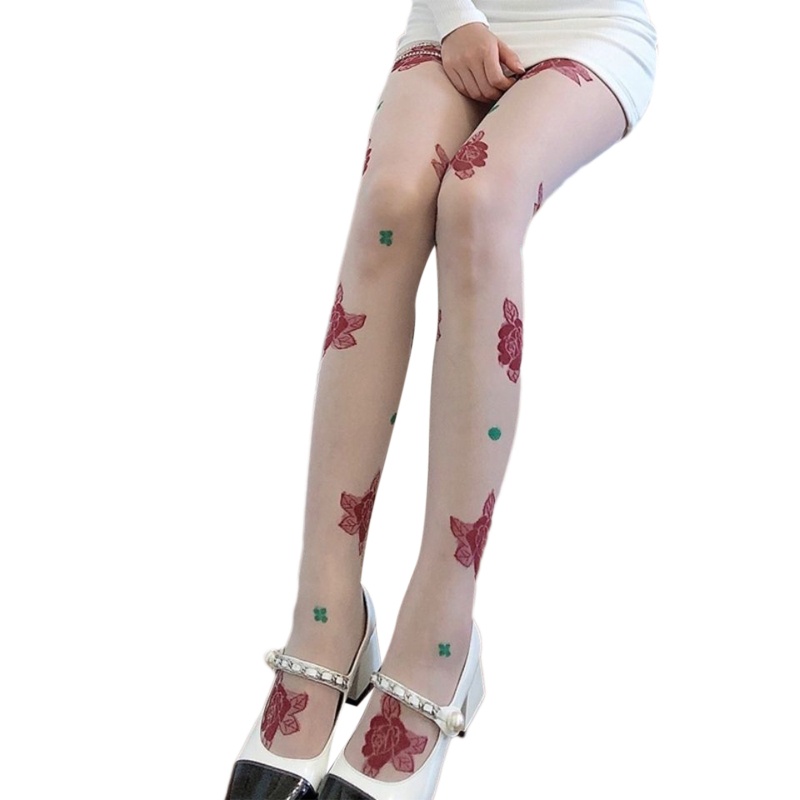 Quần Tất Mỏng Xuyên Thấu In Họa Tiết Hoa Hồng Đỏ Phong Cách Lolita Pháp Thời Trang Mùa Hè Cho Nữ
