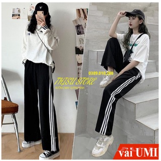 Quần thể thao 3 sọc nữ ống rộng viền kẻ sọc trắng có dây rút kéo - Quần thể thao ống rộng nữ chất vải Umi đi học thể dục