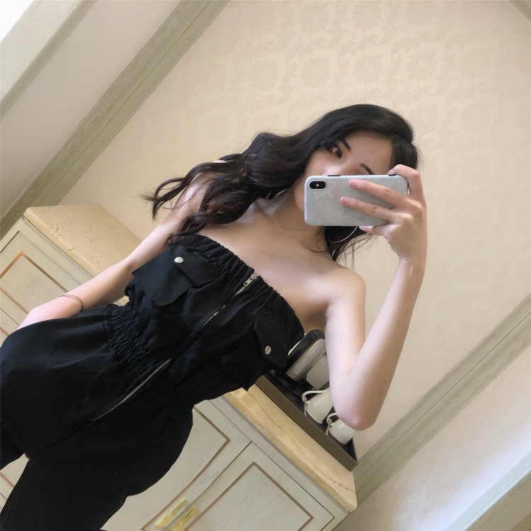 Jumpsuit áo ống quần suông thẳng màu đen phong cách mới cho nữ