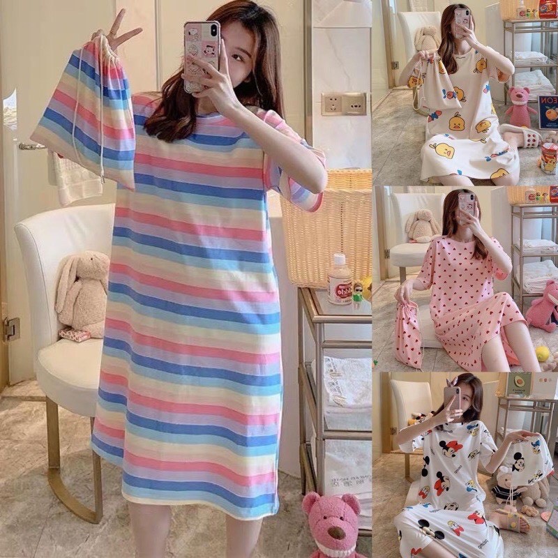 Váy mặc nhà chất cotton - Đầm ngủ Nữ dáng suông họa tiết xinh xắn Bầu Bí bon chen V285 (Không kèm túi)