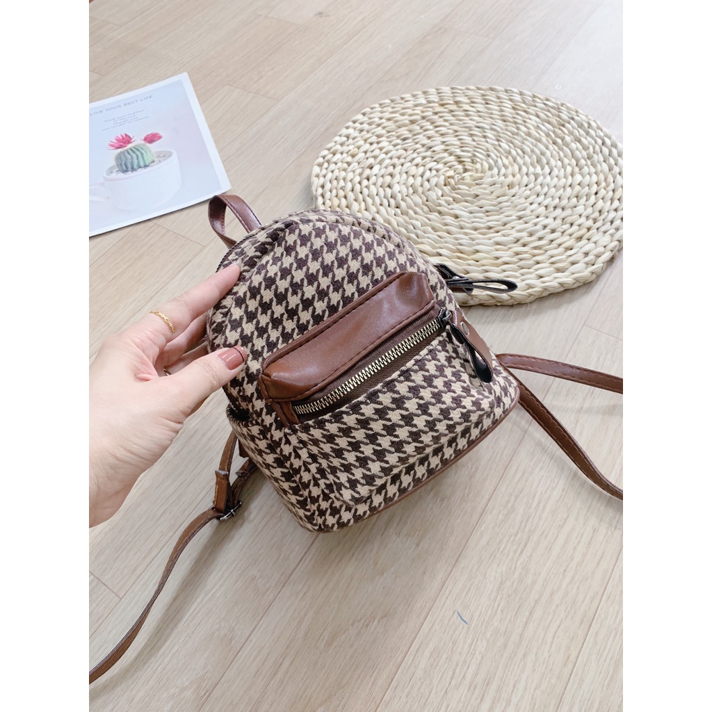 (S75) Balo nữ zic zắc nâu dạ tweed pha da size 18x20