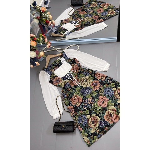 Đầm hoa dáng xòe cổ vuông size S M L