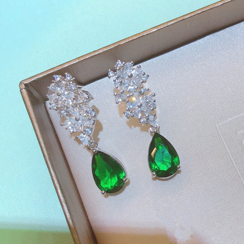 Hoa Tai Dáng Dài Hình Giọt Nước Đính Đá Ngọc Lục Bảo Thời Trang Cho Nữ-JHS4-E