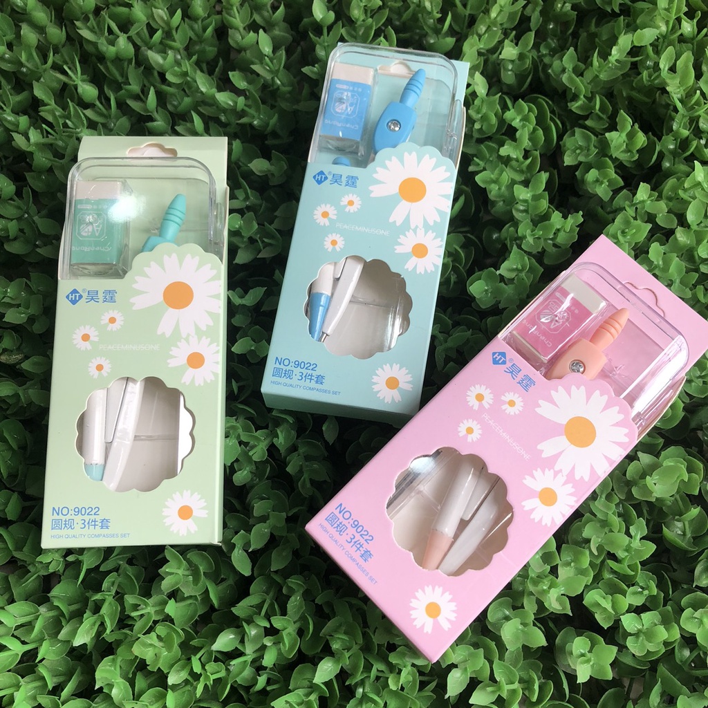 Set compa dụng cụ học tập kèm ngòi chì và cục tẩy có hộp hoa cúc xinh xắn DTOnline