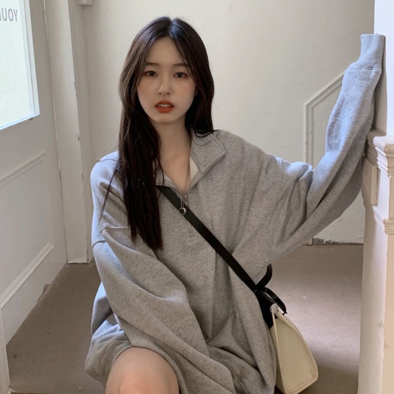 Áo Sweater Cổ Polo Dáng Rộng Dài Trung Bình Thời Trang Hàn Quốc Hàng Mới Màu Xám 2023 Dành Cho Nữ