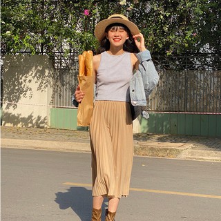 Chân váy maxi xếp ly lưng thun - V658
