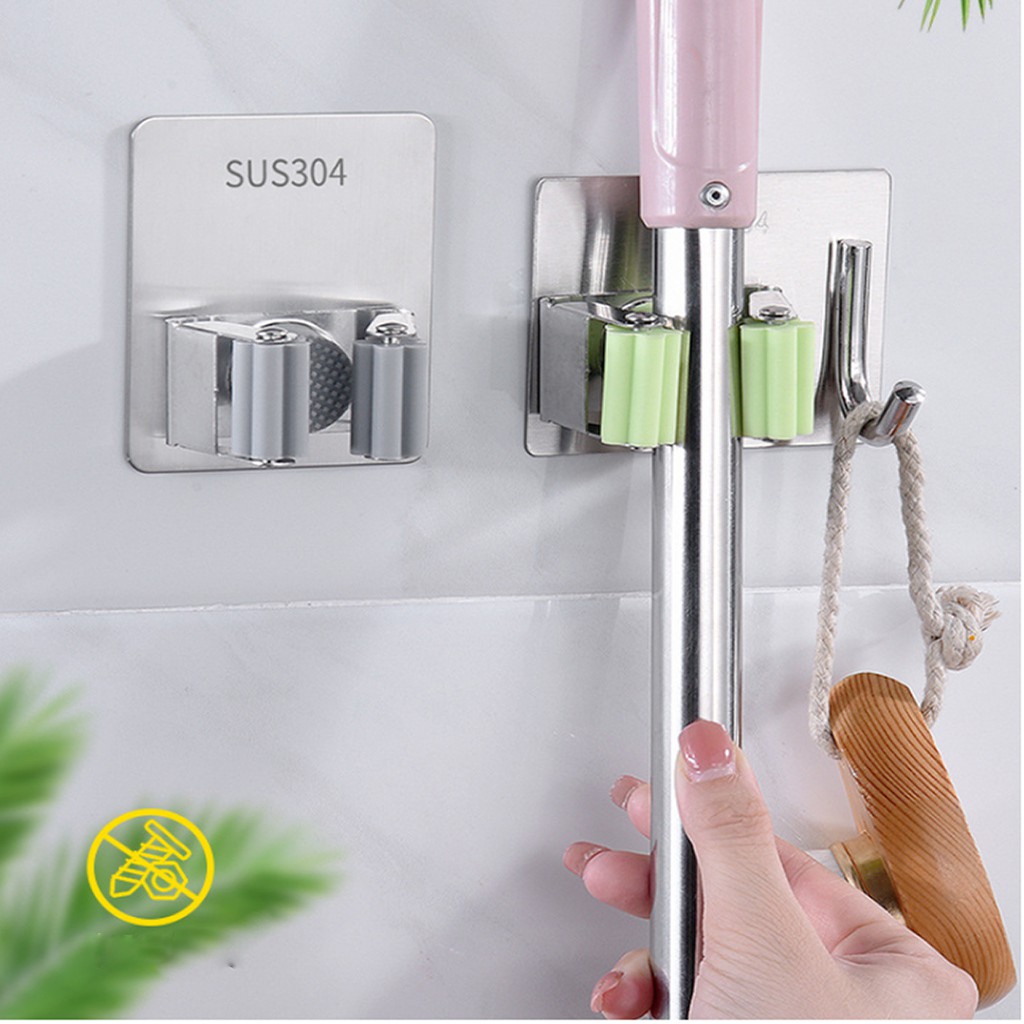 [Mã LIFEXANH03 giảm 10% đơn 500K] Móc treo cây lau nhà, kẹp chổi Inox 304 kèm móc treo đồ, không khoan tường