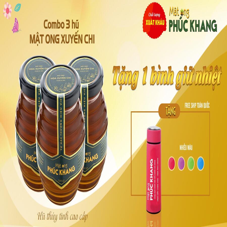 Mật ong nguyên chát Hoa Xuyến Chi Phúc Khang 500g - Combo tiết kiệm 3 hũ tặng 1 bình giữ nhiệt