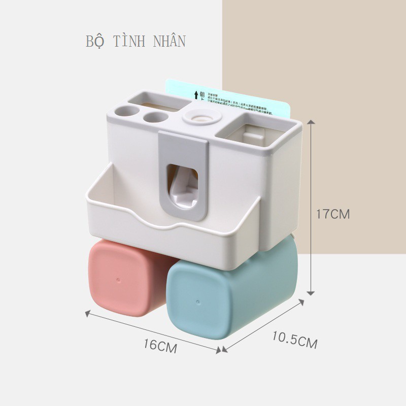 Bộ tự nhả kem đánh răng 2 cốc thông minh, có giá để đồ dùng, dụng cụ rủa mặt, vệ sinh cá nhân, tiện lợi cho nhà tắm