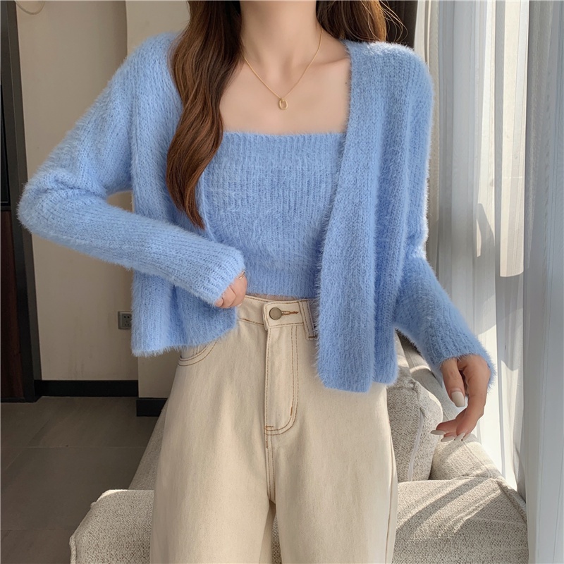 SP442 Set cardigan kèm áo 2 dây len lông thỏ siêu mềm phong các Hàn Quốc
