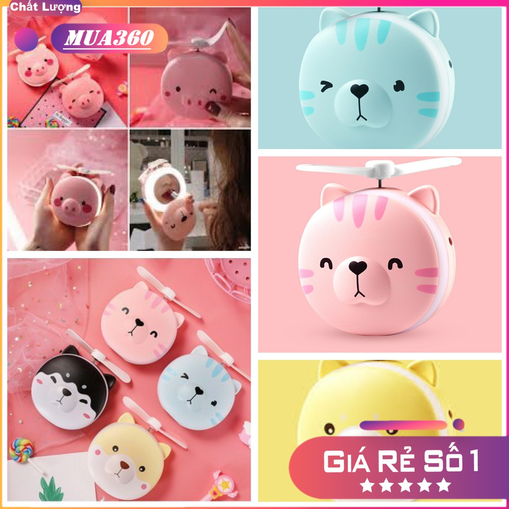 Quạt tích điện mini hình thú dễ thương đèn led kèm gương 4 màu
